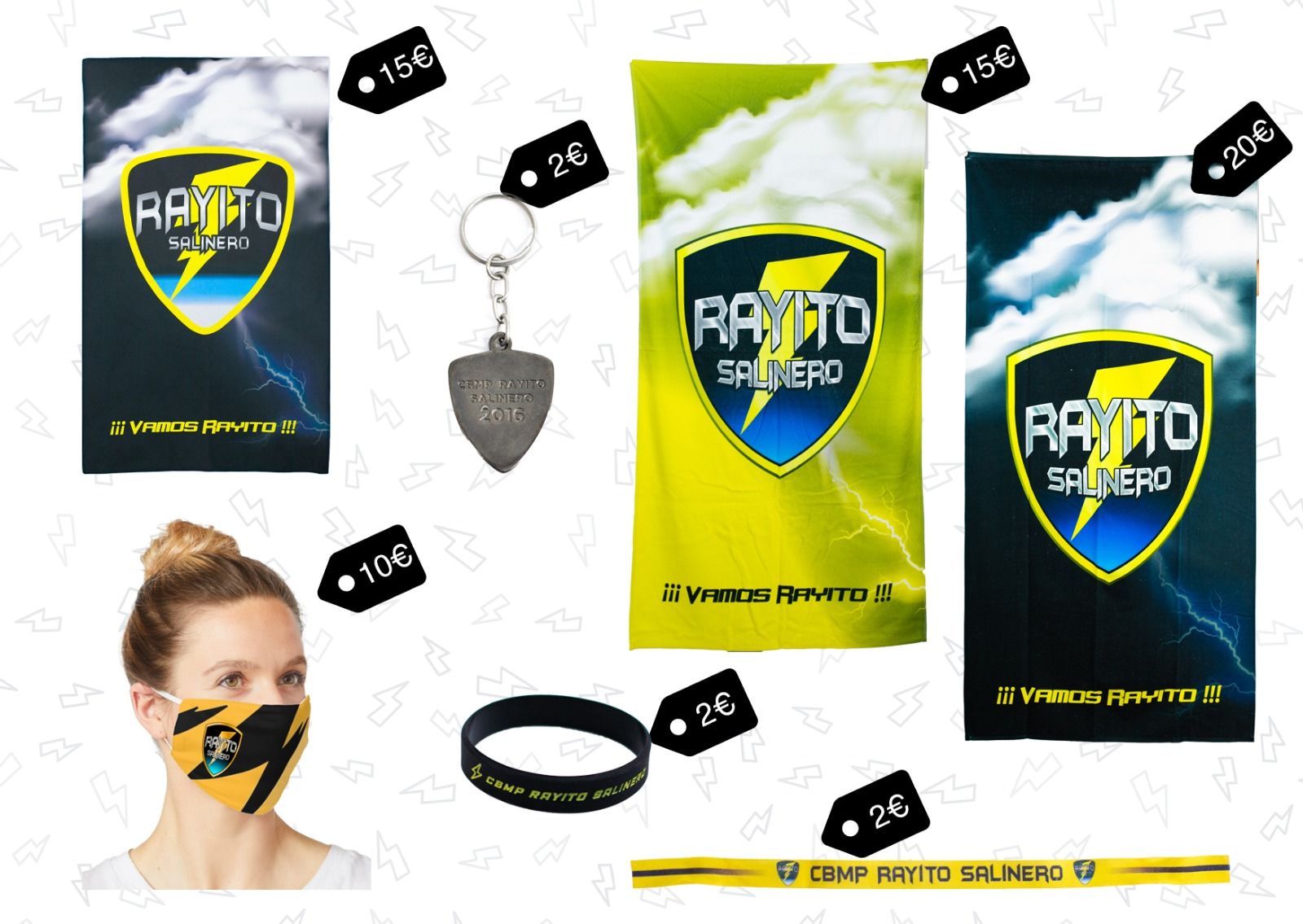 Accesorios CBMP Rayito Salinero Muestrario de distintos accesorios como toallas y llaveros del CBMP Rayito Salinero